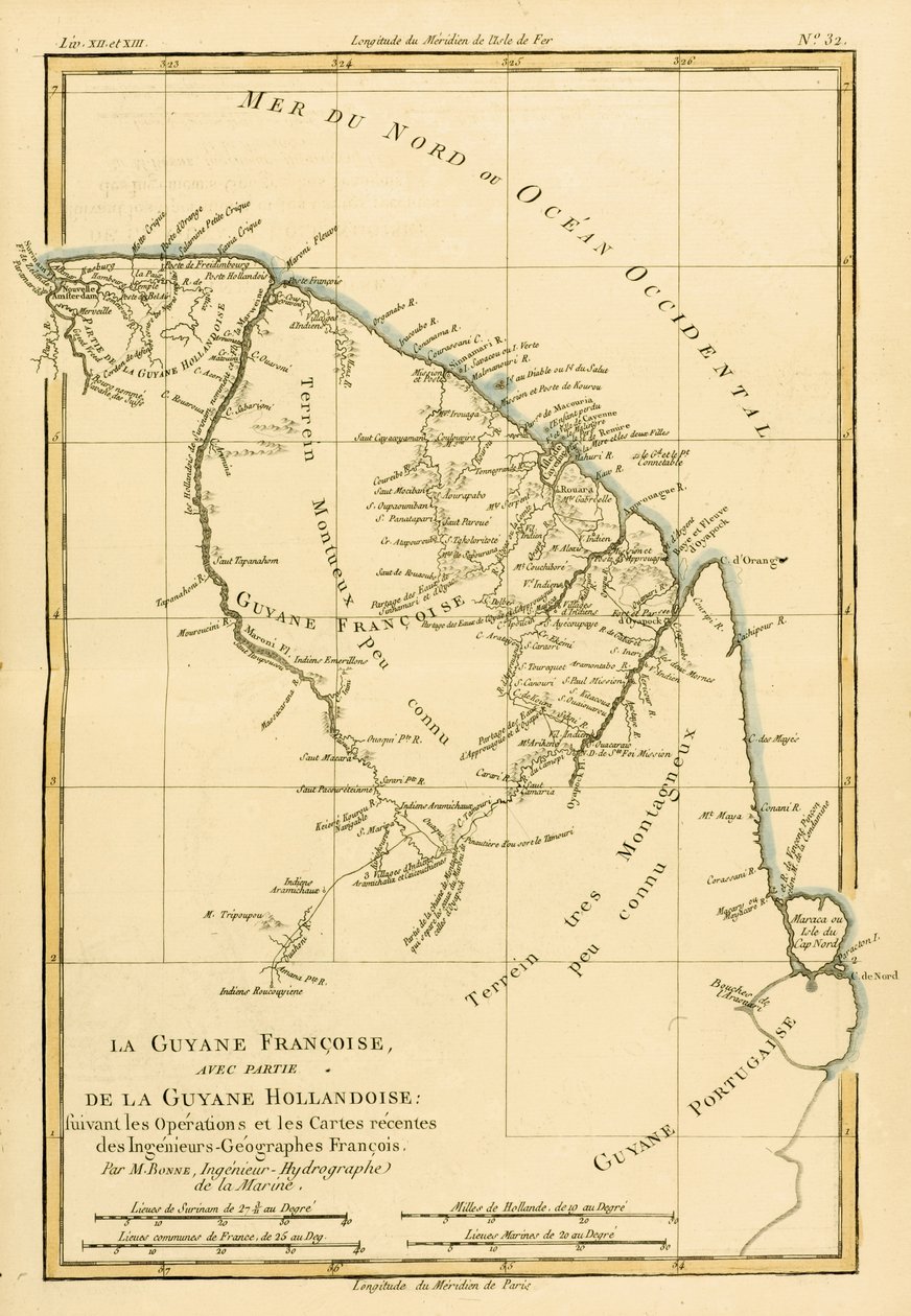 फ्रेंच गुयाना, गुइलायूम रायनाल (1713-96) द्वारा &39;गुआल ऑफ़ ऑल नोज़ पार्ट्स ऑफ़ द अर्थ ग्लोब&39; के डच गुयाना के हिस्से के साथ, जेएल पेलेट, जिनेवा, 1780 प्रकाशित द्वारा चार्ल्स मैरी रिगोबर्ट बोने