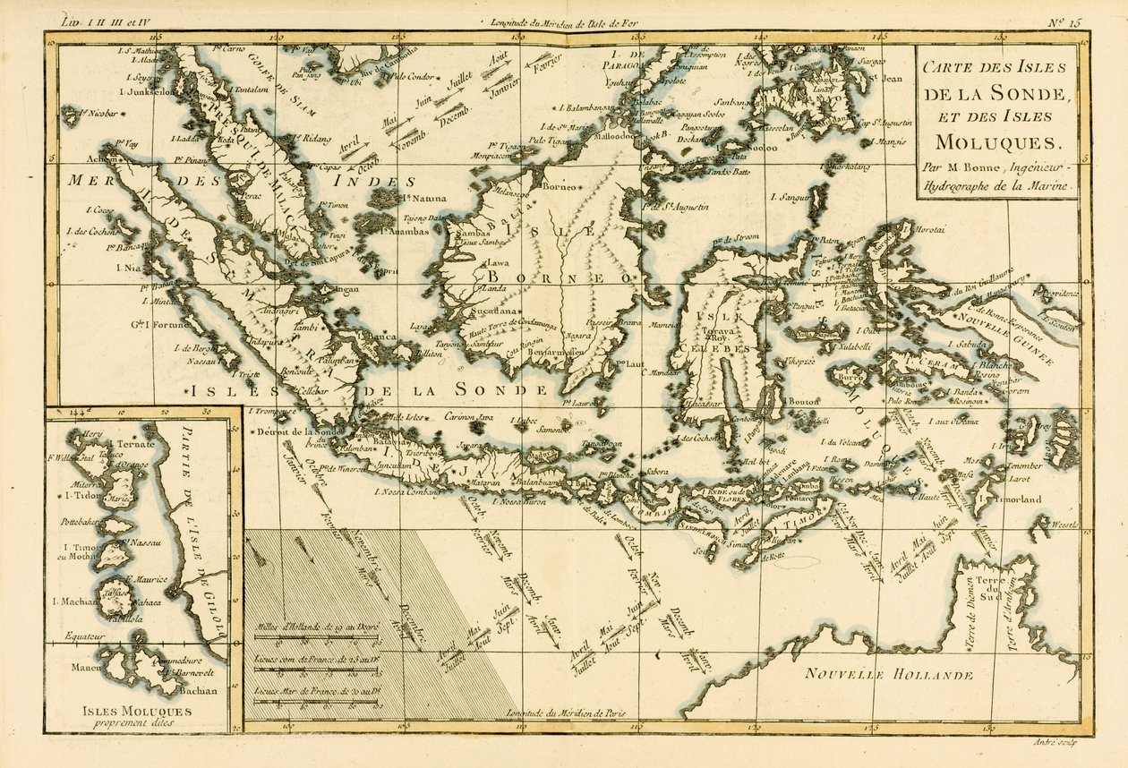 गुइलियूम रायनाल (1713-96) द्वारा जेनेवा, 1780 में प्रकाशित &39;एटलस ऑफ ऑल नोब पार्ट्स ऑफ द अर्थ ग्लोब&39; से इंडोनेशिया और फिलीपींस द्वारा चार्ल्स मैरी रिगोबर्ट बोने
