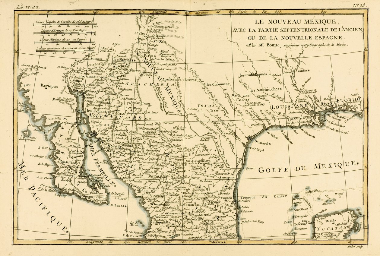 गिल्वियाल रेनाल (1713-96) द्वारा जिनेवा, 1780 में प्रकाशित &39;एटलस ऑफ ऑल नोब पार्ट्स ऑफ द अर्थ ग्लोब&39; से उत्तरी मेक्सिको द्वारा चार्ल्स मैरी रिगोबर्ट बोने