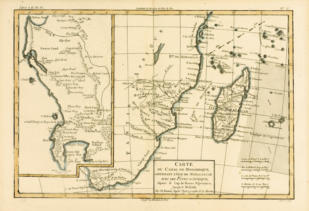 गिल्विया रेनाल (1713-96) द्वारा जेनेवा, 1780 प्रकाशित &39;एटलस ऑफ ऑल नोब पार्ट्स ऑफ द अर्थ ग्लोब&39; से दक्षिणी अफ्रीका द्वारा चार्ल्स मैरी रिगोबर्ट बोने