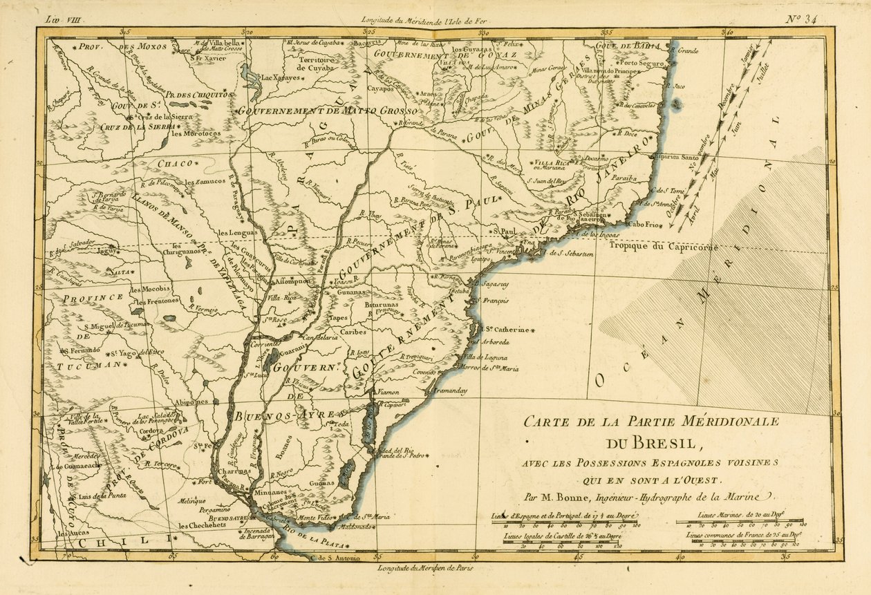 दक्षिणी ब्राज़ील, गिलियूम रायनाल (1713-96) के &39;एटलस ऑफ़ ऑल नोब पार्ट्स ऑफ़ द अर्थ ग्लोब&39; से, जेएल पेलेट, जिनेवा, 1780 प्रकाशित द्वारा चार्ल्स मैरी रिगोबर्ट बोने