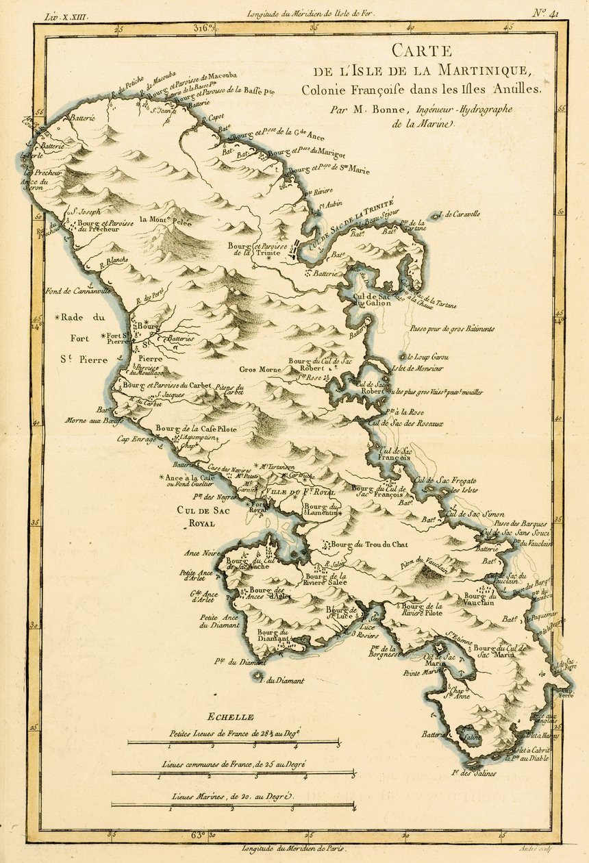 गिलियूम रायनाल (1713-96) द्वारा &39;द एटलस ऑफ ऑल नोब पार्ट्स ऑफ द अर्थ ग्लोब&39; का मार्टीनिक द्वीप 1780 में प्रकाशित द्वारा चार्ल्स मैरी रिगोबर्ट बोने