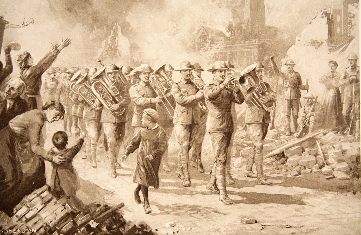 द म्यूज़िक ऑफ़ ट्रायम्फ: विक्टरियस ऑस्ट्रेलियाई, 17 मार्च 1917 को बापूम में प्रवेश करते हुए द्वारा चार्ल्स मिल्स शेल्डन