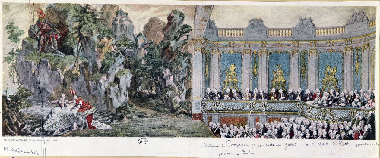 जेने एंटोनेट पॉइसन (1721-64), मार्क्विस डी पोम्पडॉर और वेकोम्टे डी रोहन ने वर्साइल में थिएटर डेस पेटिट्स कैबिनेट के ओपेरा &39;एसिस एट गैलेटी&39; में अभिनय किया, 10 फरवरी, 1749 (हेलियोच द्वारा चार्ल्स निकोलस II कोचीन