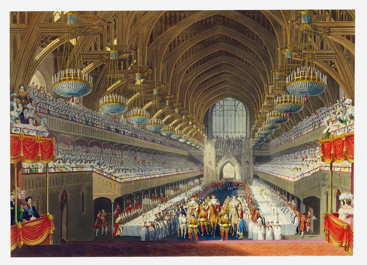 द रॉयल बैंक्वेट, फर्स्ट कोर्स, किंग जॉर्ज चतुर्थ (1762-1830) 19 जुलाई 1821 को कोरोनेशन मनाते हुए एक एल्बम से, विलियम जेम्स बेनेट (1787-1844) द्वारा उत्कीर्ण 1824 द्वारा चार्ल्स वाइल्ड
