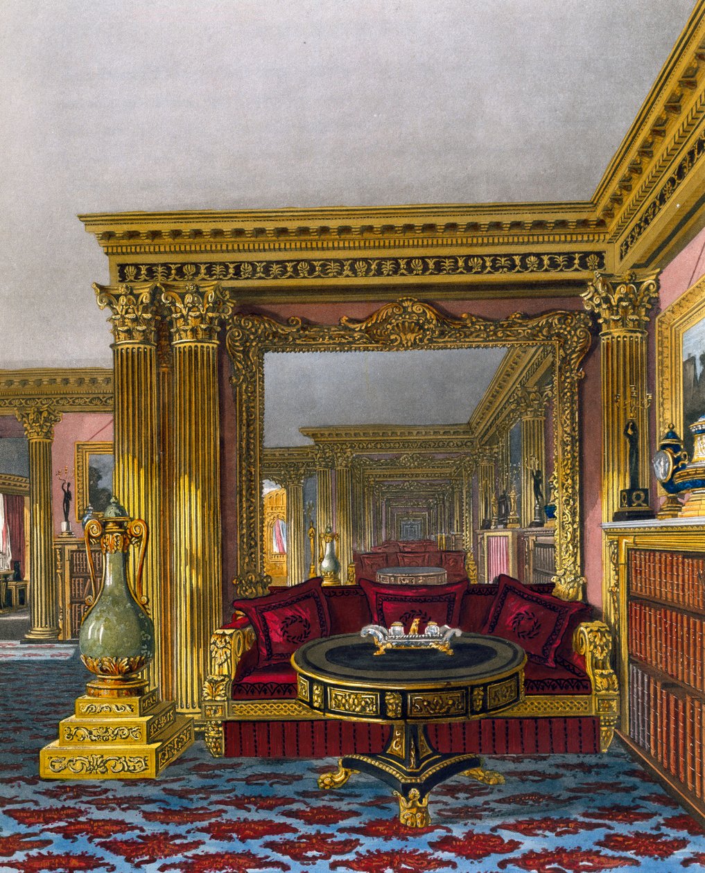 गोल्डन ड्राइंग रूम, विलियम जेम्स बेनेट द्वारा उत्कीर्णन (1787-1844), चार्ल्स वाइल्ड (1781-1835) द्वारा डिजाइन के आधार पर, रॉयल रेजिडेंस के इतिहास से द्वारा चार्ल्स (बाद में) जंगली