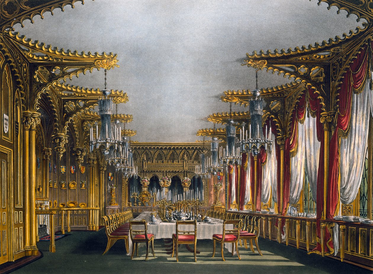 गॉथिक डाइनिंग रूम, थॉमस सदरलैंड द्वारा उत्कीर्णन (1785-1838), चार्ल्स वाइल्ड (1781-1835) द्वारा डिजाइन के आधार पर, रॉयल रेजिडेंस के इतिहास से द्वारा चार्ल्स (बाद में) जंगली