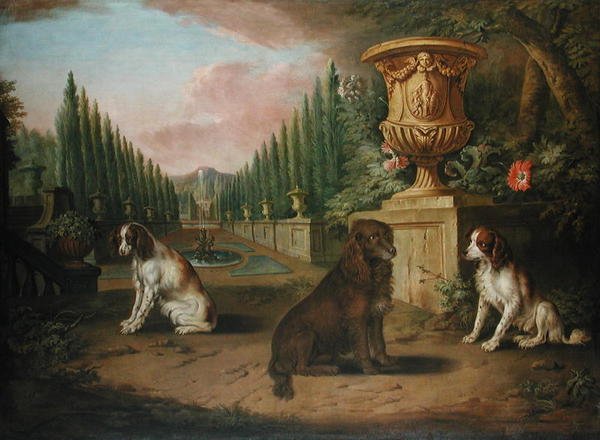 एक औपचारिक बगीचे में तीन स्पैनियल, c.1730 (कैनवास पर तेल) द्वारा चार्ल्स (और स्टूडियो) कोलिन्स