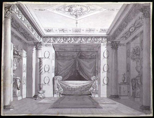 एम्पायर बेडरूम के लिए डिज़ाइन, c.1810 (कागज पर कलम और स्याही और पानी के रंग का) द्वारा चार्ल्स (attr। To) Percier