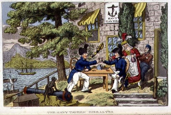 नेवी टैवर्न, जिब्राल्टर, जॉन मिटफोर्ड (1782-1831) 1818 (लिथो) द्वारा 'द एडवेंचर्स ऑफ जॉनी न्यूकम इन द नेवी' से प्लेट द्वारा चार्ल्स (c.1797-1850) (बाद) विलियम्स
