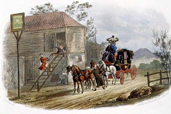 "ए लेज़ी हॉर्सकीपर फॉर द मेल", आरजी रीव (fl.1811-37) पब द्वारा उकेरा गया। थॉमस मैकलीन द्वारा द्वारा चार्ल्स बी (बाद) न्यूहाउस