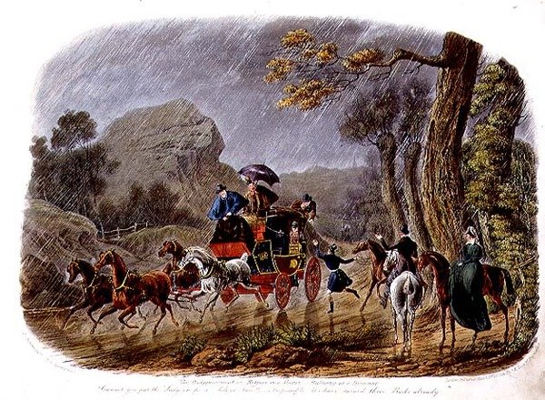 आरजी रीव (fl.1811-37) पब द्वारा उकेरा गया "द डिसपॉइंटमेंट, या रिट्रीट इन ए शावर"। थॉमस मैकलीन द्वारा द्वारा चार्ल्स बी (बाद) न्यूहाउस