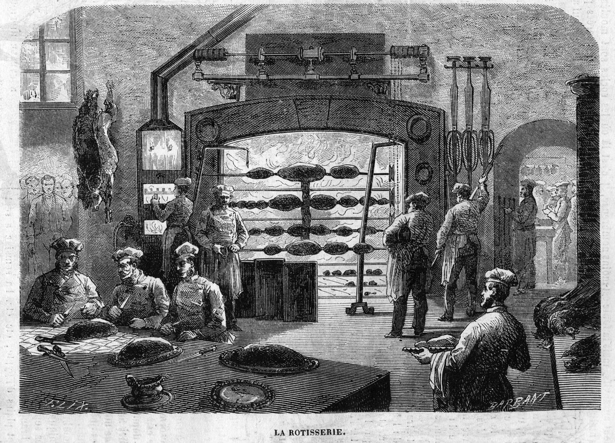 1864 में ला रोटिसरी डेस कुजीन डु पालिस डेस तुइलरीज। मौलिन द्वारा एक चित्र से एफ। लिक्स और बारबेंट द्वारा उत्कीर्णन। द्वारा चार्ल्स बार्बेंट