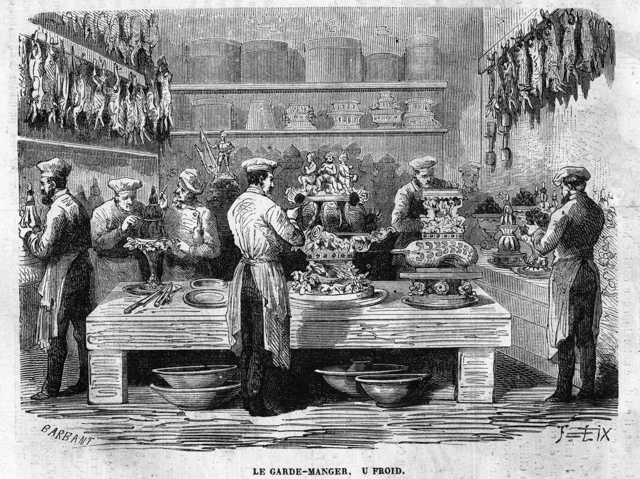दूसरे साम्राज्य के तहत एक स्वागत समारोह के दौरान 1864 में पालिस डेस तुइलरीज की रसोई का कोल्ड गार्ड। जलती हुई नक्काशी द्वारा चार्ल्स बार्बेंट