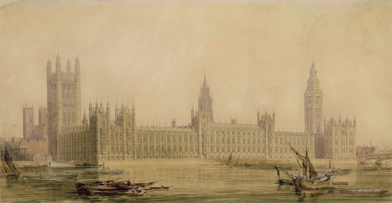 संसद के नए सदनों का परिप्रेक्ष्य देखें, c.1840s (ग्रेफाइट, ग्रेच, कलम और कागज पर स्याही से अधिक) द्वारा चार्ल्स बैरी