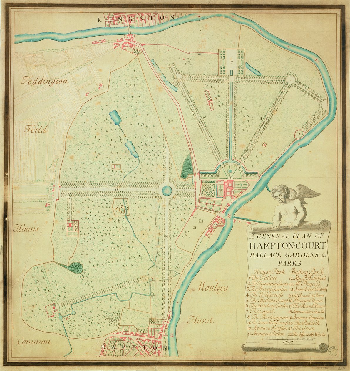 हैम्पटन कोर्ट पैलेस गार्डन एंड पार्क की एक सामान्य योजना, c.1713 (कागज पर पेन और स्याही और wc) द्वारा चार्ल्स ब्रिजमैन