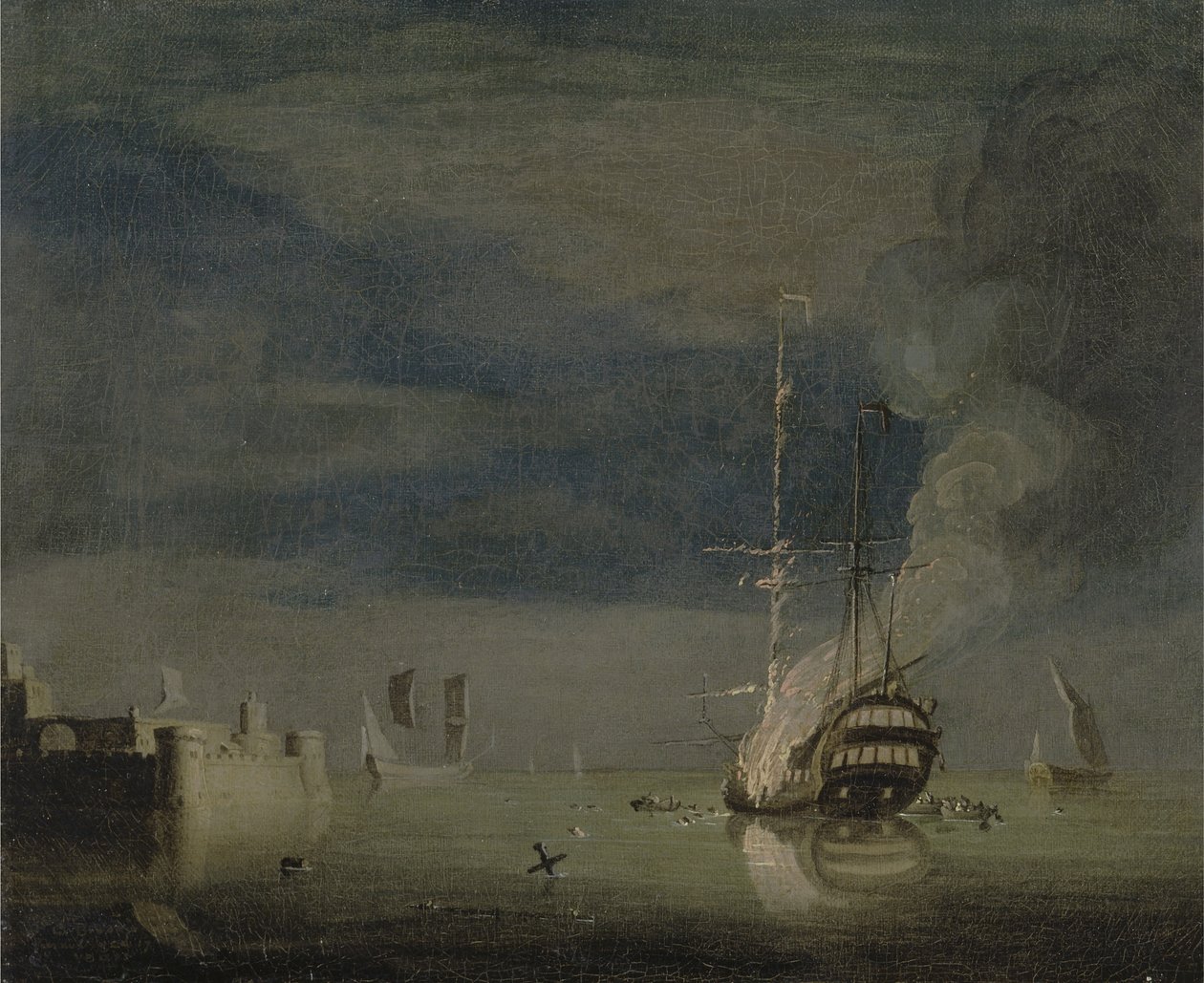 एक किले में रात को आग पर एक टू-डेकर, c.1740 (कैनवास पर तेल) द्वारा चार्ल्स ब्रोकिंग