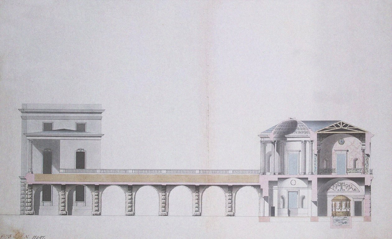 एजेट पवेलियन का क्रॉस-सेक्शन और Tsarskoye Selo में हैंगिंग गार्डन, c.1780 (कागज पर wc के साथ पेन und इंक) द्वारा चार्ल्स कैमरन