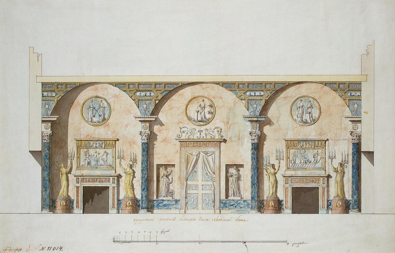 Tsarskoye Selo, 1780 के दशक के अगेती मंडप में मुख्य हॉल के लिए डिज़ाइन द्वारा चार्ल्स कैमरन