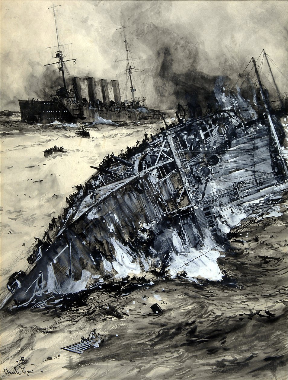 HMS Hogue, Cressy और Aboukir का डूबना (कागज पर wc) द्वारा चार्ल्स एडवर्ड डिक्सन