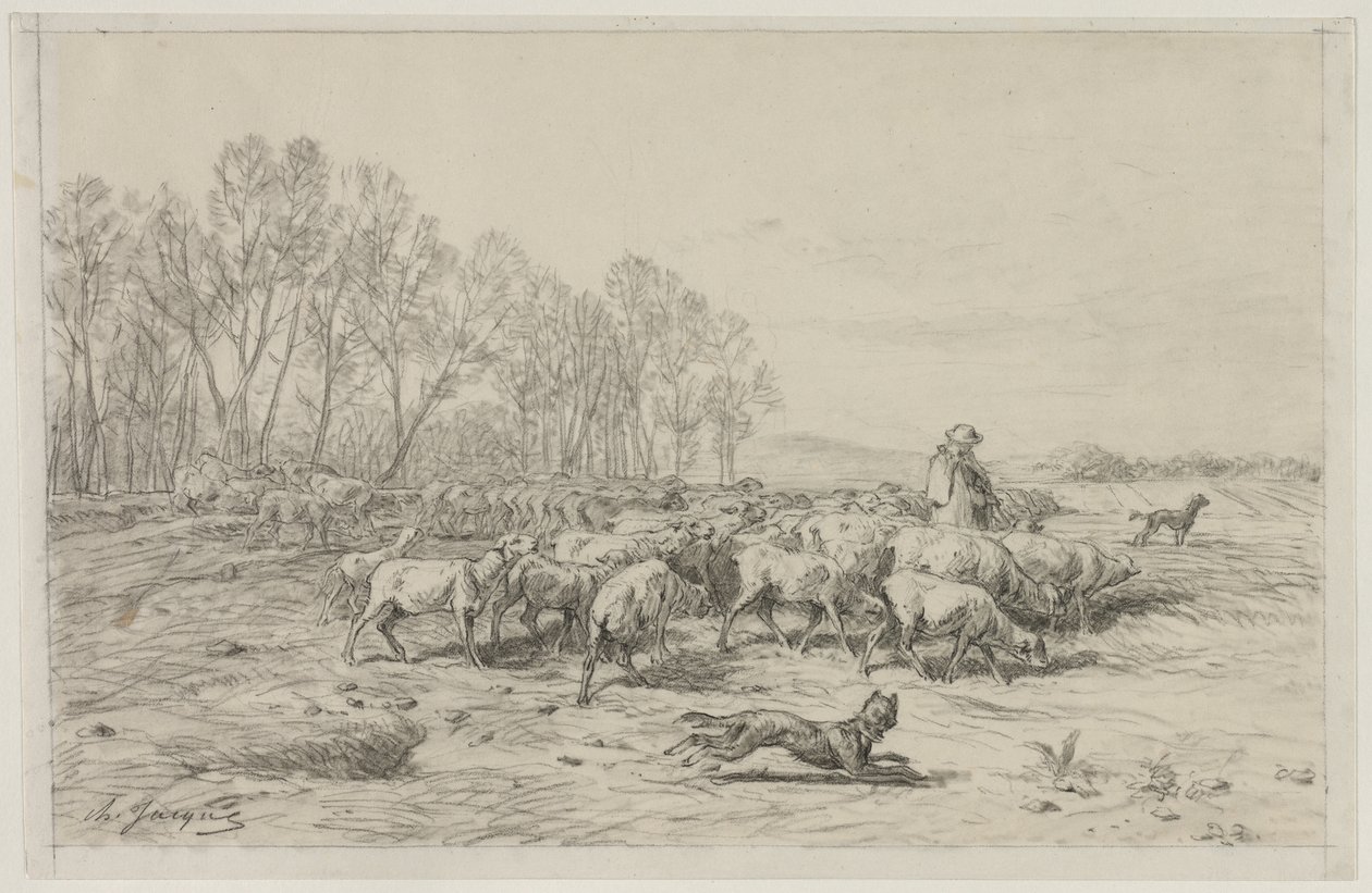 भेड़ के झुंड के साथ लैंडस्केप, 1800s। द्वारा चार्ल्स एमिले जेक