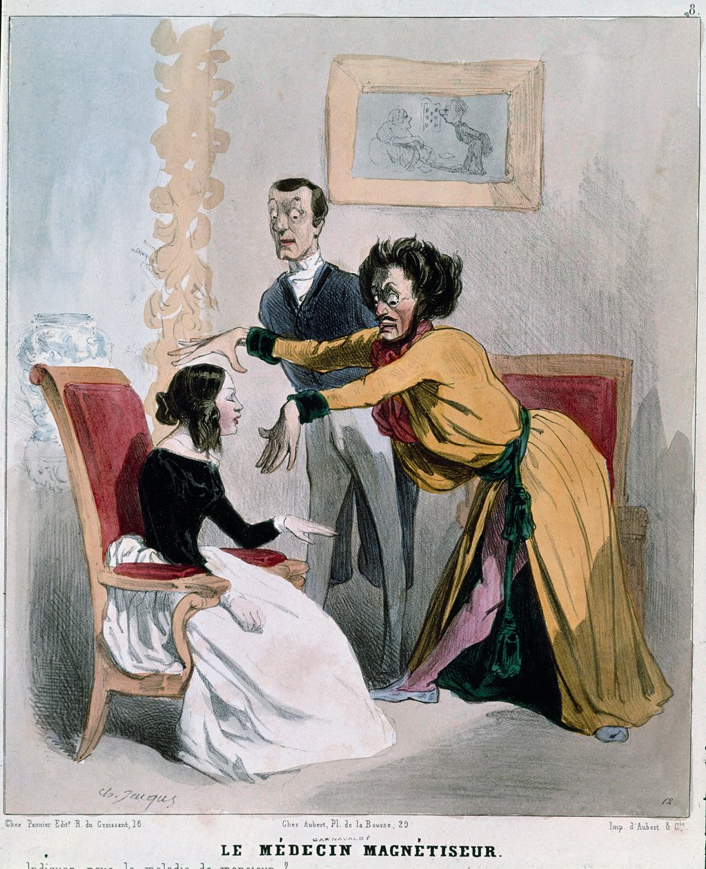 सीरी "" बीमार और डॉक्टर "": चुंबक चिकित्सक। एक रोगी के बारे में सम्मोहन के बीच में एक सम्मोहनकर्ता का कार्टून। चार्ल्स जैक्स द्वारा उत्कीर्णन द्वारा चार्ल्स एमिले जेक