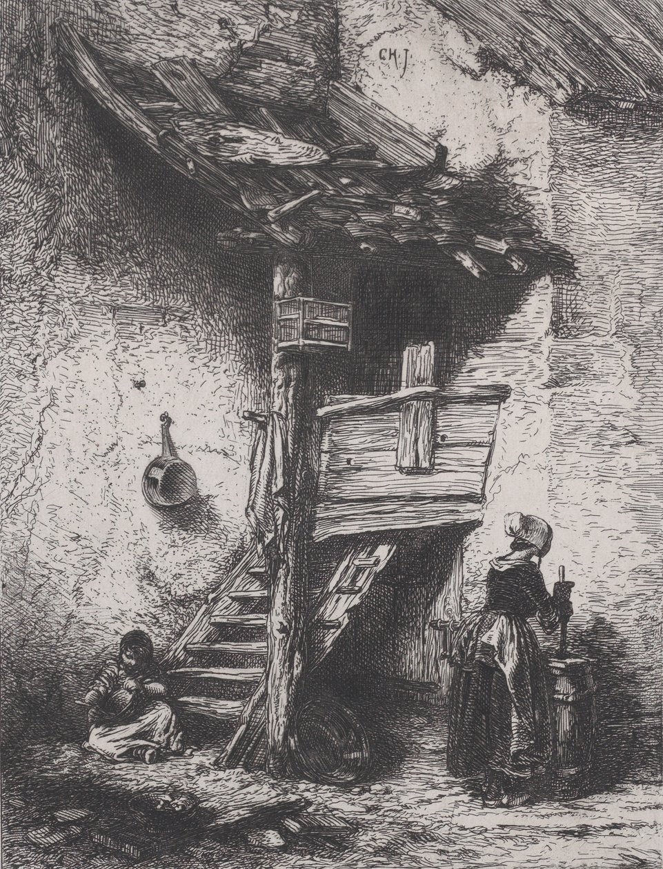 सीढ़ियाँ और महिला मंथन, 1845। द्वारा चार्ल्स एमिले जेक