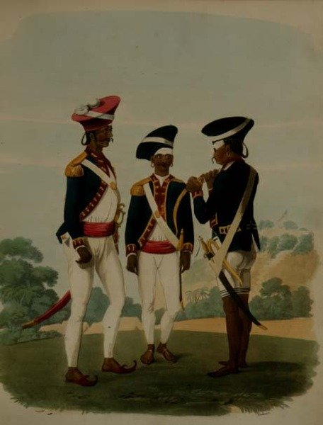 थॉमस मेडलैंड (1755-1823) पब द्वारा उकेरी गई 'ओरिएंटल ड्रॉइंग्स' से गुरकेसियर कॉर्प्स, मद्रास के अधिकारी और निजी, प्लेट 37। 1806 (एक्वाटिंट) द्वारा चार्ल्स एमिलियस (बाद में) सोना