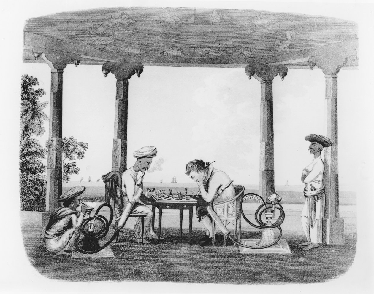 टी। रिकर्डस, पब द्वारा उत्कीर्ण &39;ओरिएंटल ड्रॉइंग्स&39; से हुक्का, प्लेट 43 को धूम्रपान करना। 1806 (एक्वाटिंट) द्वारा चार्ल्स एमिलस गोल्ड