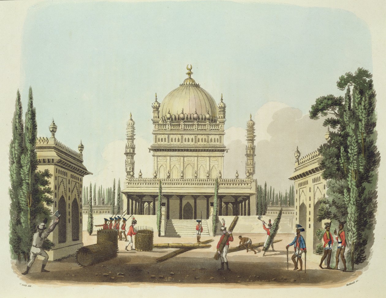 हैदर अली और टिप्पू सुल्तान का मकबरा, थॉमस मेडलैंड (1755-1823) पब द्वारा उत्कीर्ण &39;ओरिएंटल ड्रॉइंग्स&39; से प्लेट 49 1806 (एक्वाटिंट) द्वारा चार्ल्स एमिलस गोल्ड
