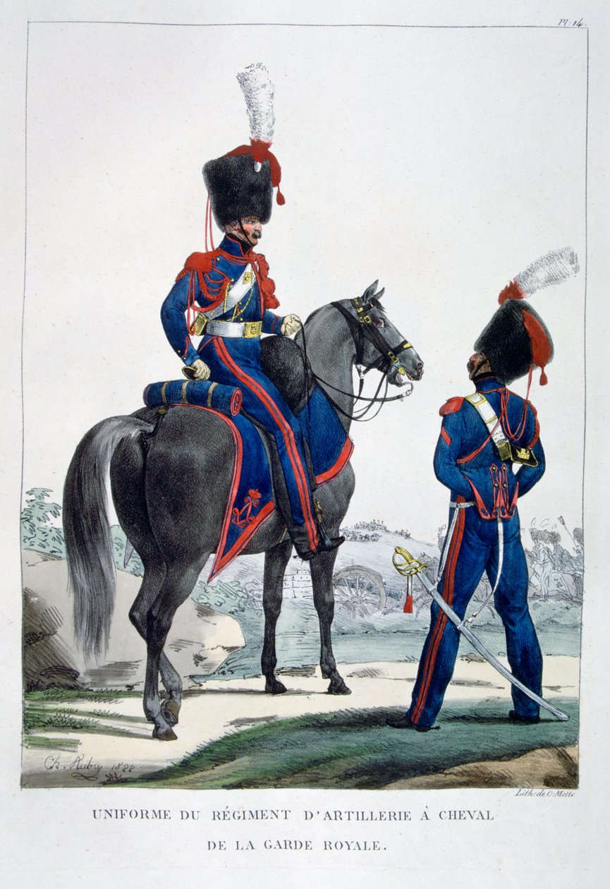 शाही गार्ड, फ्रांस, 1823 के घोड़ा तोपखाने की एक रेजिमेंट की वर्दी। द्वारा चार्ल्स इटियेन पियरे मोट्टे