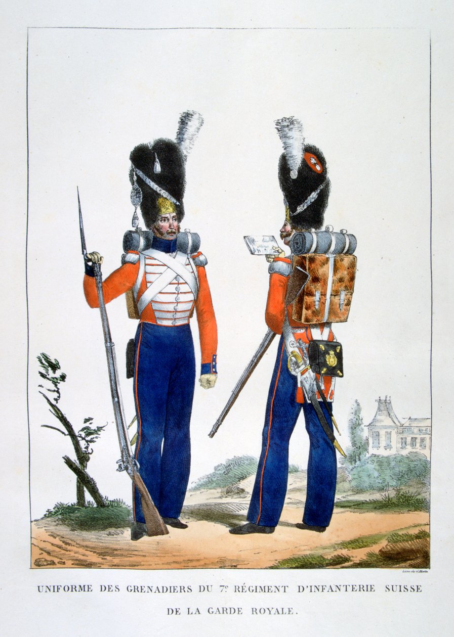 स्विस ग्रेनेडियर्स की वर्दी शाही गार्ड, फ्रांस, 1823 की पैदल सेना की 7 वीं रेजिमेंट। द्वारा चार्ल्स इटियेन पियरे मोट्टे