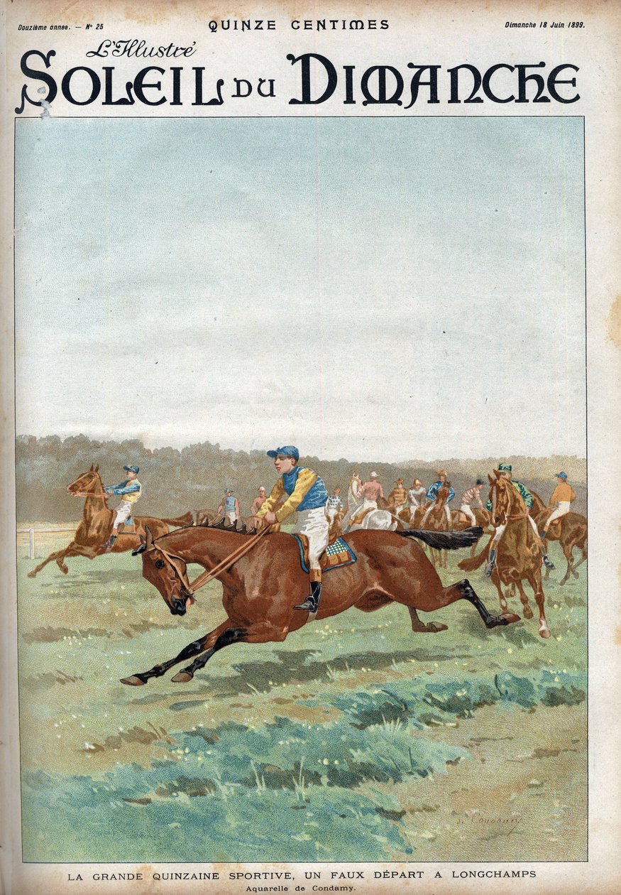 घुड़दौड़: "" द ग्रेट स्पोर्ट्स फेयरग्राउंड: लॉन्गचैम्प्स रेसकोर्स में एक झूठी शुरुआत ""। "" ले सन-डु-डिमांचे "", जून 18 . में कोंडोमी द्वारा जल रंग उत्कीर्णन द्वारा चार्ल्स फर्नांड डे (बाद) कॉनडेमी