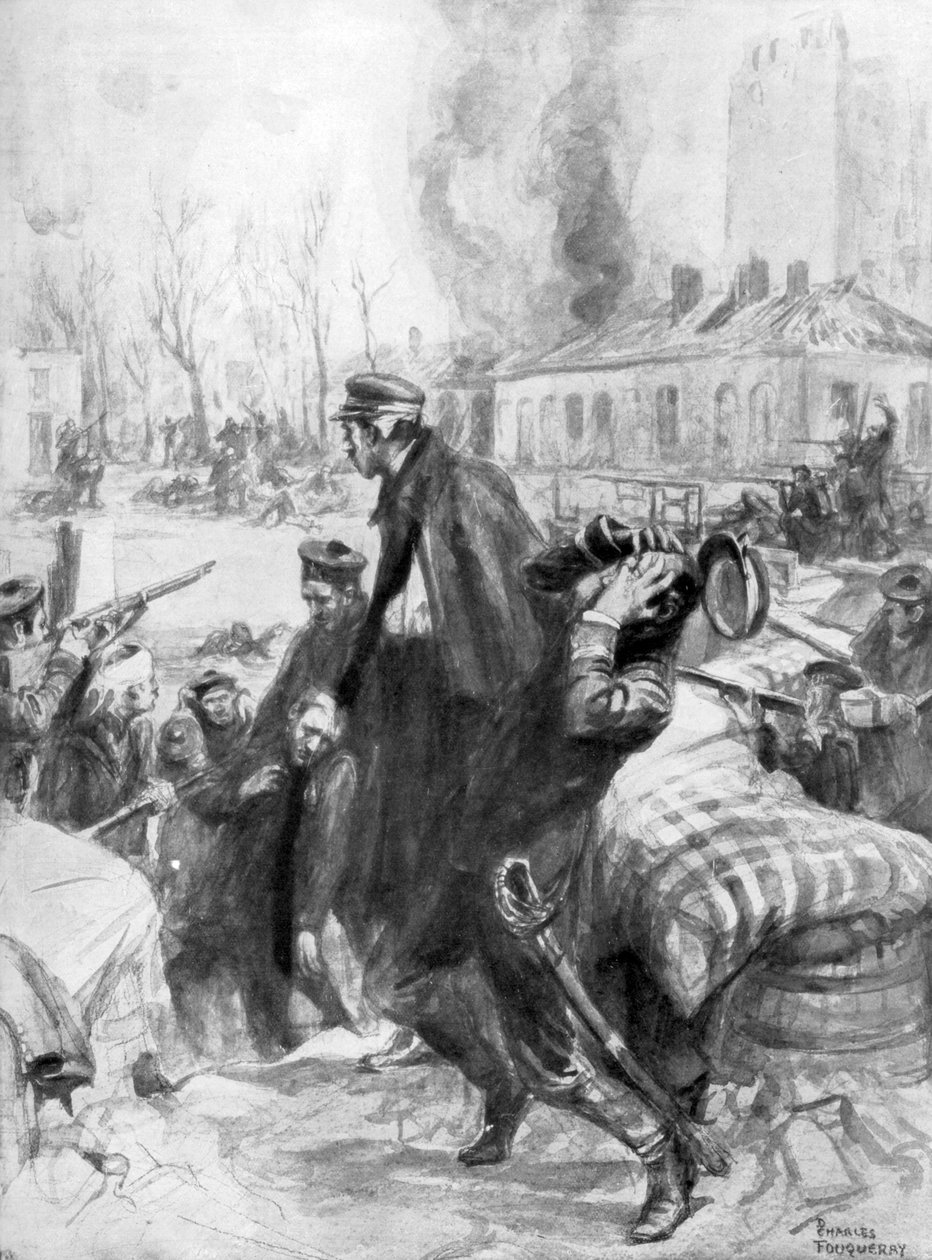 1914 1926 में डिक्मिसुइड, फ़्लैंडर्स, बेल्जियम में एक सड़क लड़ाई में शामिल समुद्री फ़्यूसिलर। द्वारा चार्ल्स फोउरे