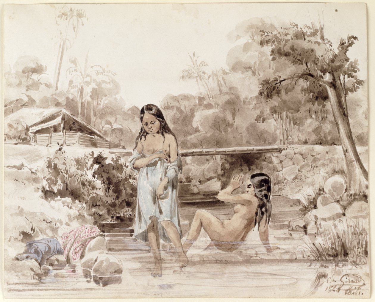 ताहितियन स्नान, 1844 (कलम और कागज पर धोना) द्वारा चार्ल्स गिरौद