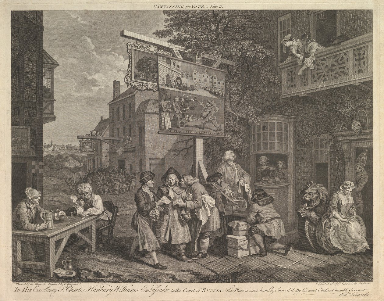 वोट के लिए कैनवसिंग, प्लेट II: इलेक्शन के चार प्रिंट, 20 फरवरी, 1757। द्वारा चार्ल्स ग्रिग्नेशन