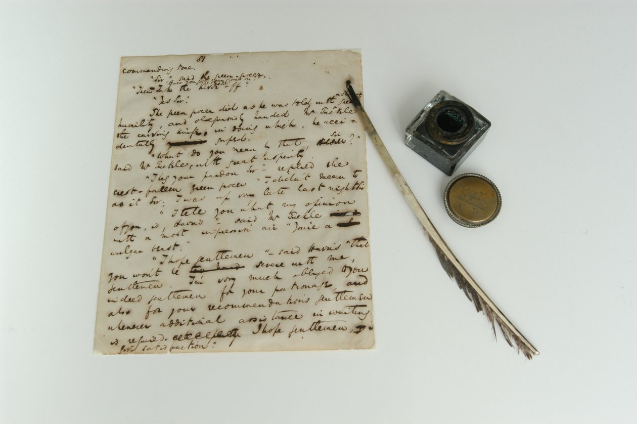 पिकविक पेपर्स पांडुलिपि, c.1837, और डिकेंस क्विल और इंक, 2000 के दशक की तस्वीरें द्वारा चार्ल्स जॉन हफम डिकेंस