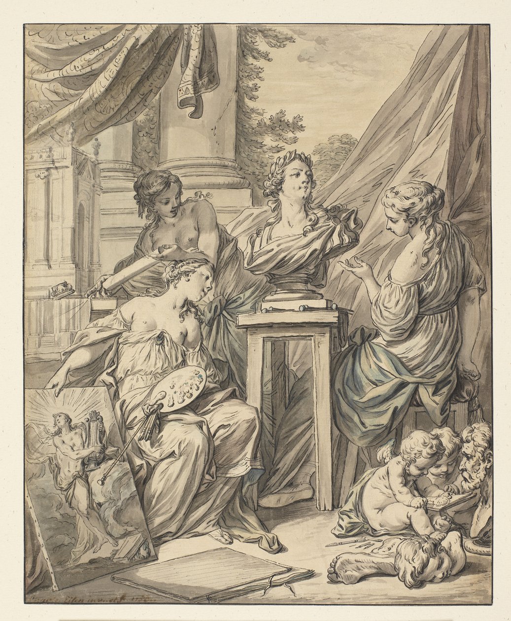 लुईस XV, 1753 (कागज पर स्याही, चाक और डब्ल्यूसी) के लिए उनकी टोही के जश्न में लगी तीन महिलाओं द्वारा ललित कला द्वारा चार्ल्स जोसेफ डोमिनिक आइसेन