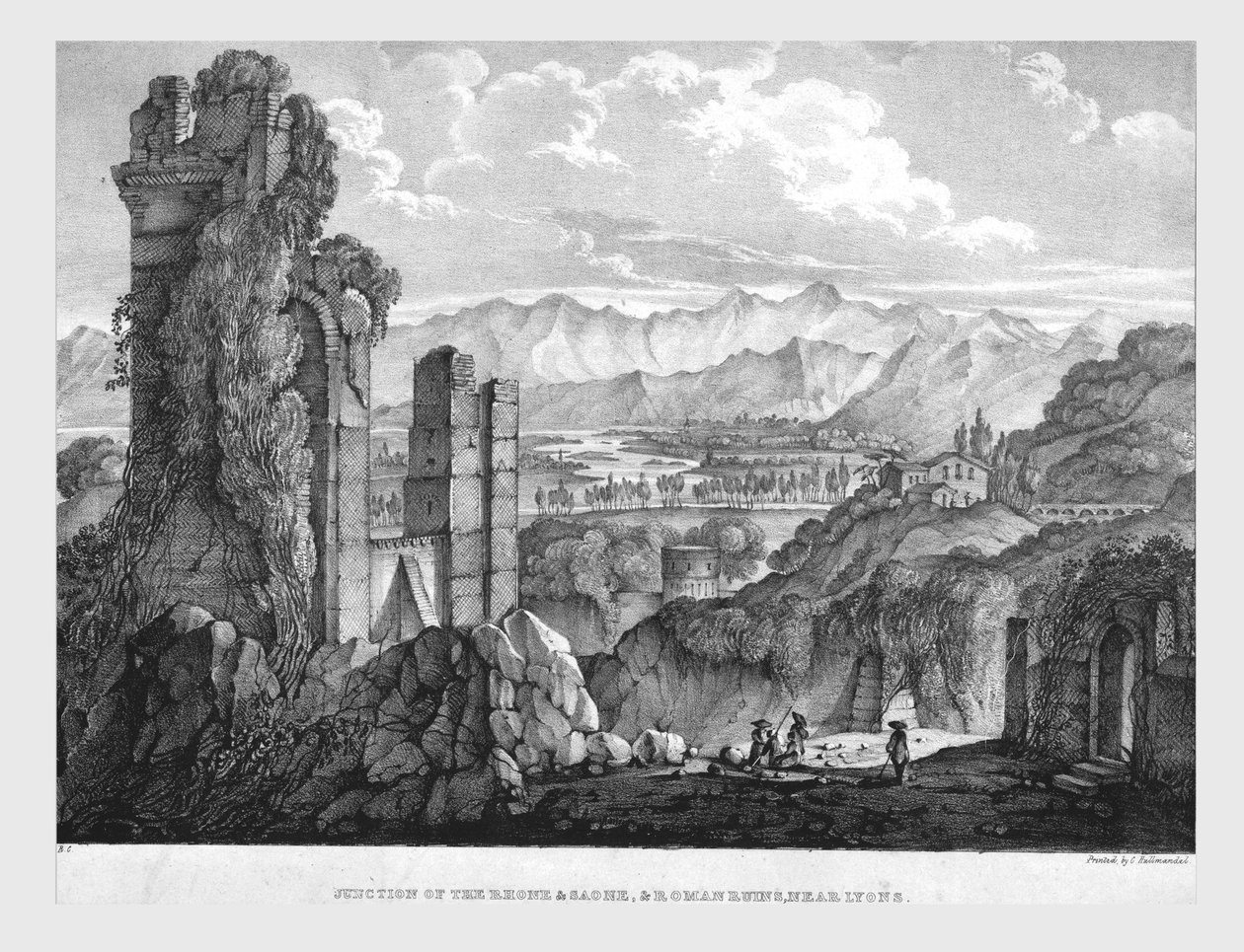 जंक्शन ऑफ़ द रोन एंड साओन, रोमन रुइन्स नियर ल्योंन्स, c1835। द्वारा चार्ल्स जोसेफ हुलमंडेल