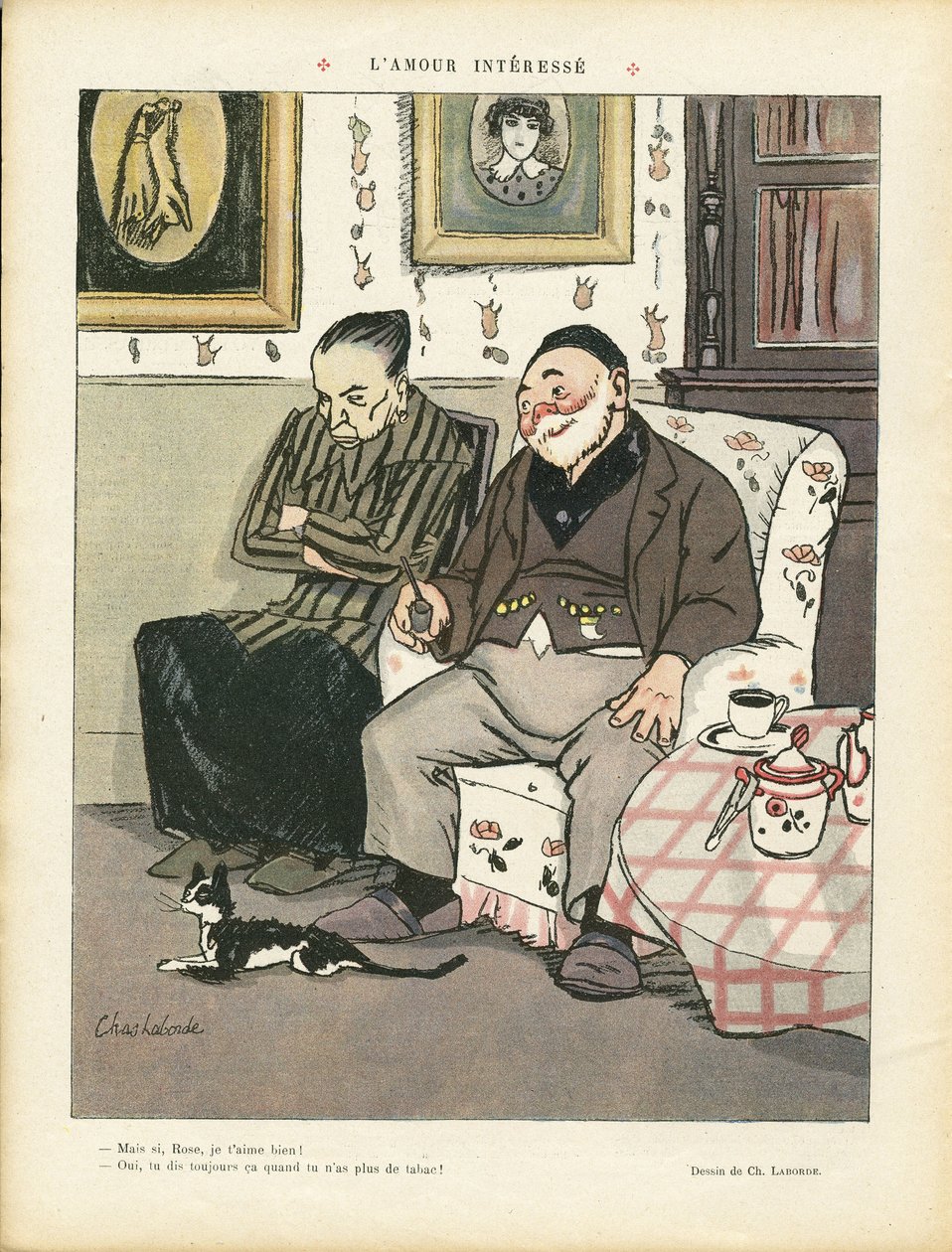 Le Rire, 05/04/13 में चास-लेबॉर्डे (1886-1941) का चित्रण - इच्छुक प्रेम - प्रेम, धूम्रपान, आंतरिक वास्तुकला, गैस्ट्रोनॉमी रसोइया, तीसरा युग, तंबाकू - बिल्ली द्वारा चार्ल्स लैबोर्ड