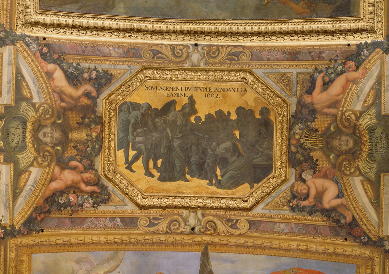 1662 के अकाल के दौरान लोगों की मदद करना, Galerie des Glaces से सीलिंग पेंटिंग द्वारा चार्ल्स ले ब्रून