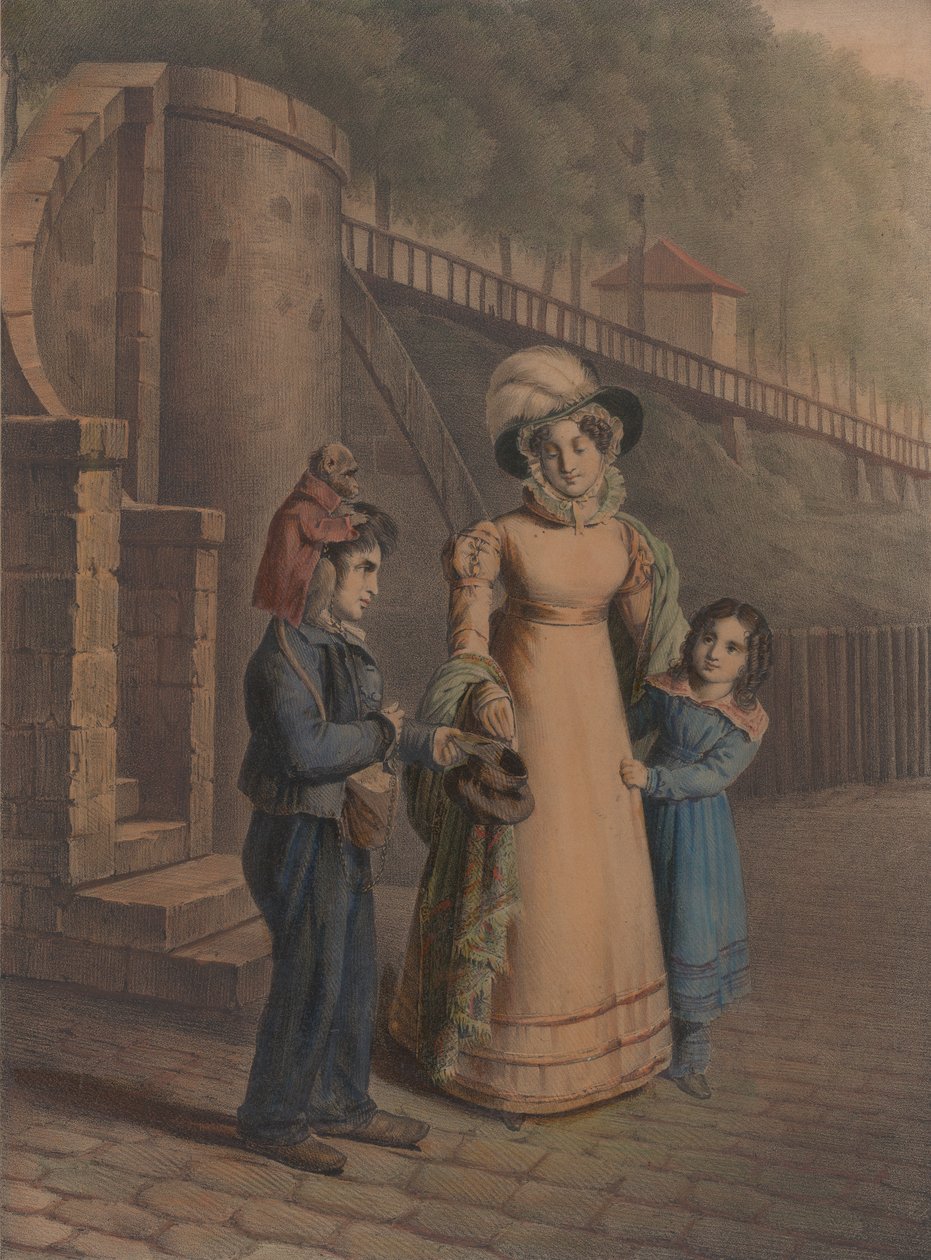एक मां और बेटी से सिक्के प्राप्त करते हुए एक बंदर के साथ लड़का, 1803-40। द्वारा चार्ल्स लुई कॉन्स्टैन्स