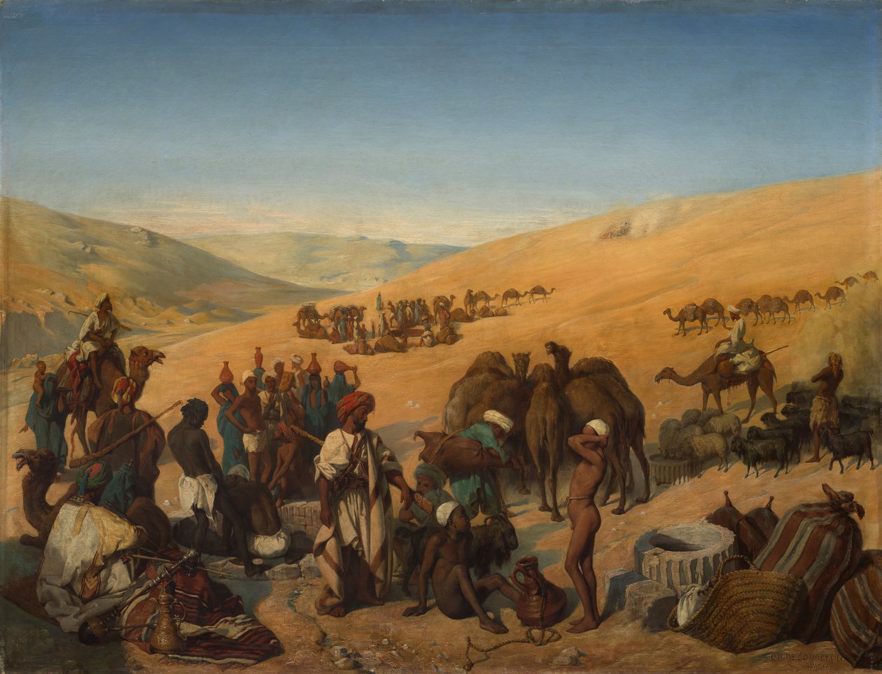 1850 के हेब्रोन के रेगिस्तानी दक्षिण में सबा बेर्शेबा के कुओं पर हलाट ऑफ कारवां। द्वारा चार्ल्स लुइस फ्रेडी डे काबरिन