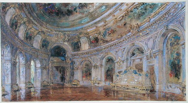 लाइकेन के रॉयल पैलेस में बैंक्वेटिंग हॉल, c.1910 (कागज पर पानी के रंग का) द्वारा चार्ल्स लुइस गिरौल्ट