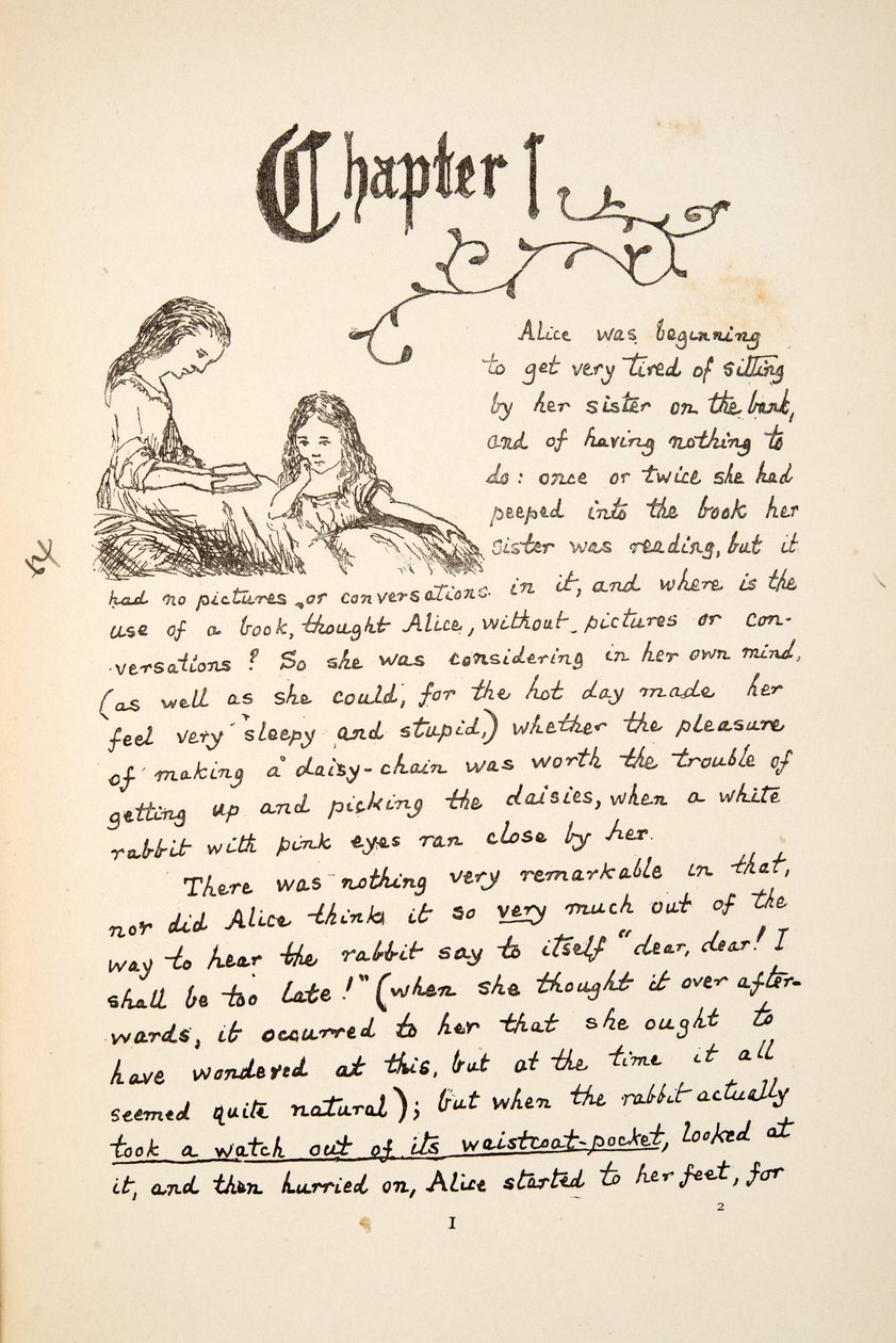 ऐलिस अपनी बहन के साथ, एलिस एडवेंचर्स अंडर ग्राउंड, पब से चित्रण। 1886 (फेसिमाइल) द्वारा चार्ल्स लुत्विज डोड्सन