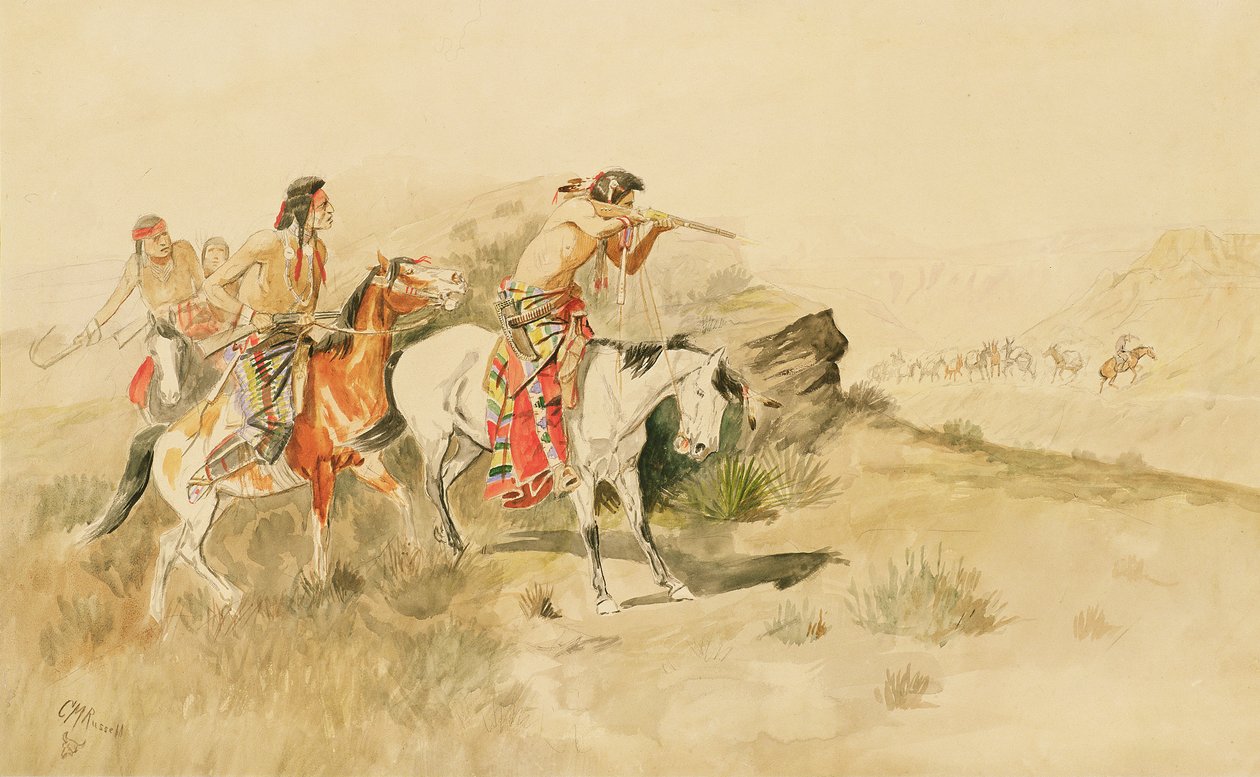 म्यूएलेटर्स पर हमला, c.1895 (पेंसिल और कागज पर wc) द्वारा चार्ल्स मैरियन रसेल