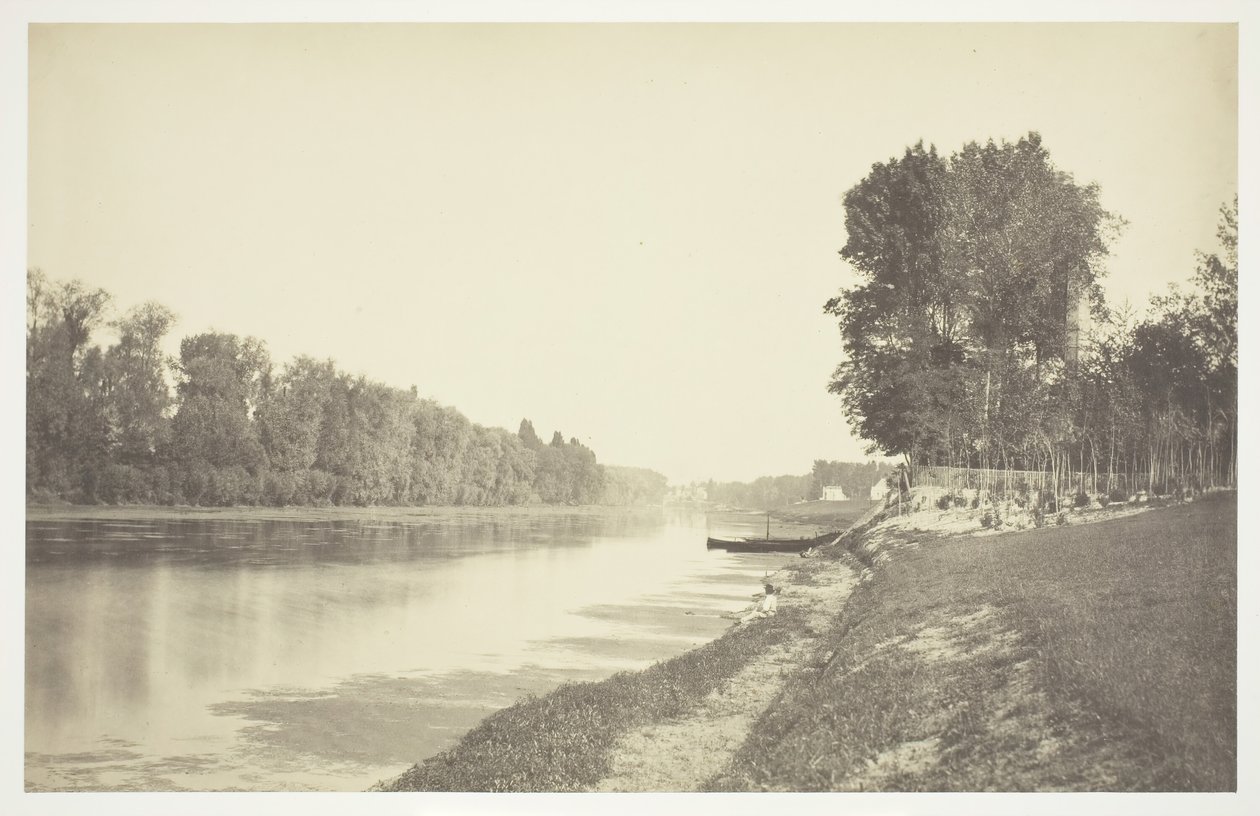 शीर्षक रहित, सी। 1850. [पेरिस के एक पार्क बोइस डी बोलोग्ने में पानी के पास पेड़]। द्वारा चार्ल्स मारविल