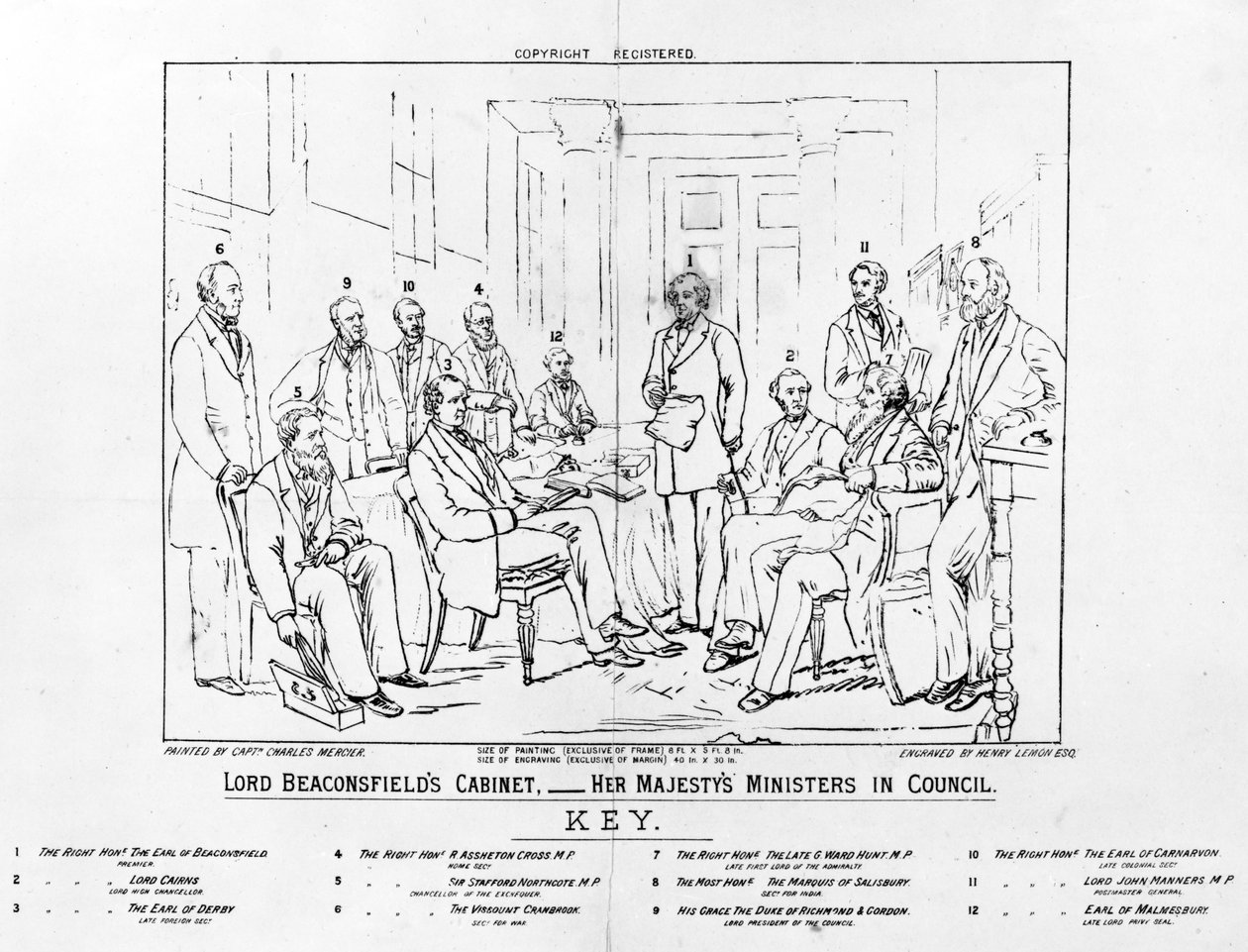 लॉर्ड बीकन्सफील्ड का मंत्रिमंडल 1874 - हेनरी लेमन, 1880 (उत्कीर्ण) द्वारा बनाई गई परिषद में महामहिम मंत्री द्वारा चार्ल्स मर्सर