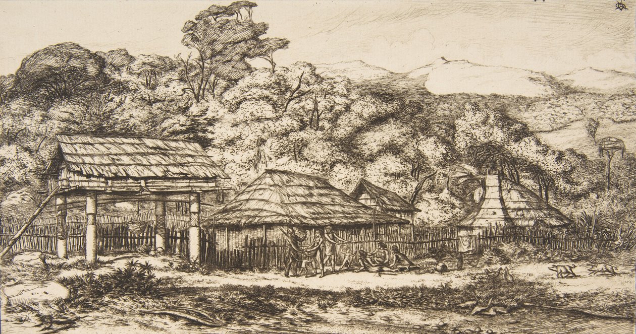 अकारोआ में नेटिव बार्न्स एंड हट्स, बैंक्स पेनिनसुला, 1845, 1860। द्वारा चार्ल्स मेरियन