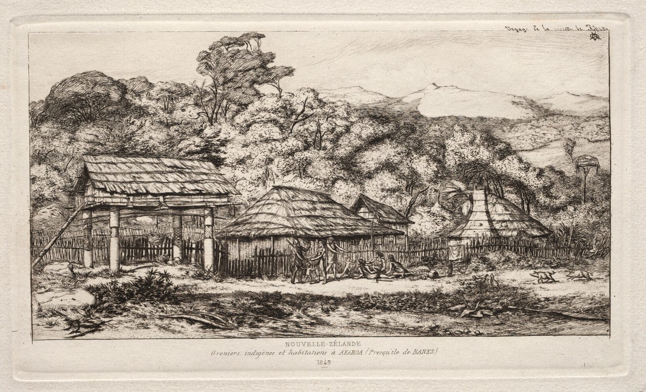 नायर बार्न्स एंड हट्स एटारोआ, बैंक प्रायद्वीप, 1845, 1865। द्वारा चार्ल्स मेरियन